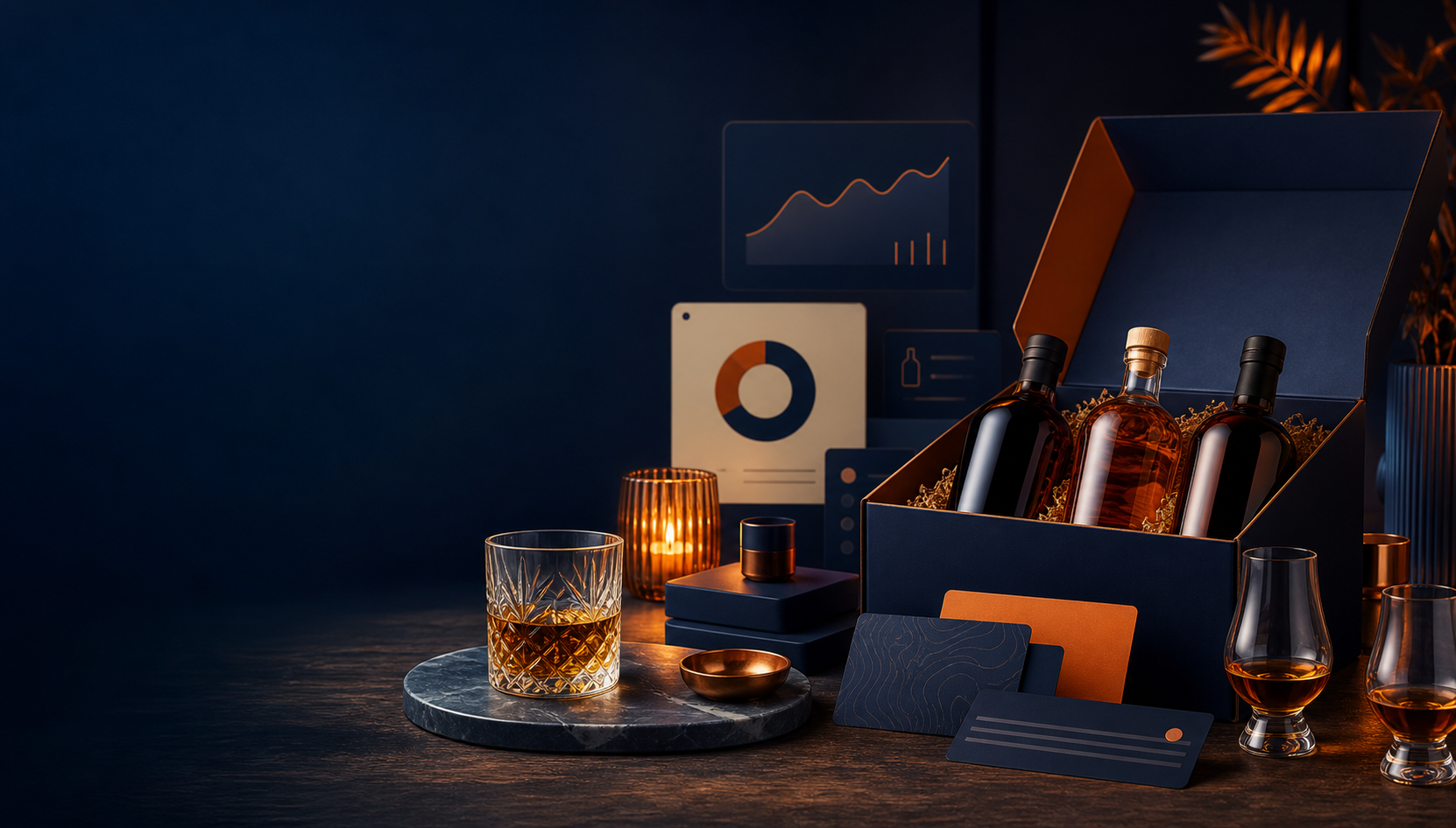 Premium spirits subscription club shipment with branded bottle club visuals